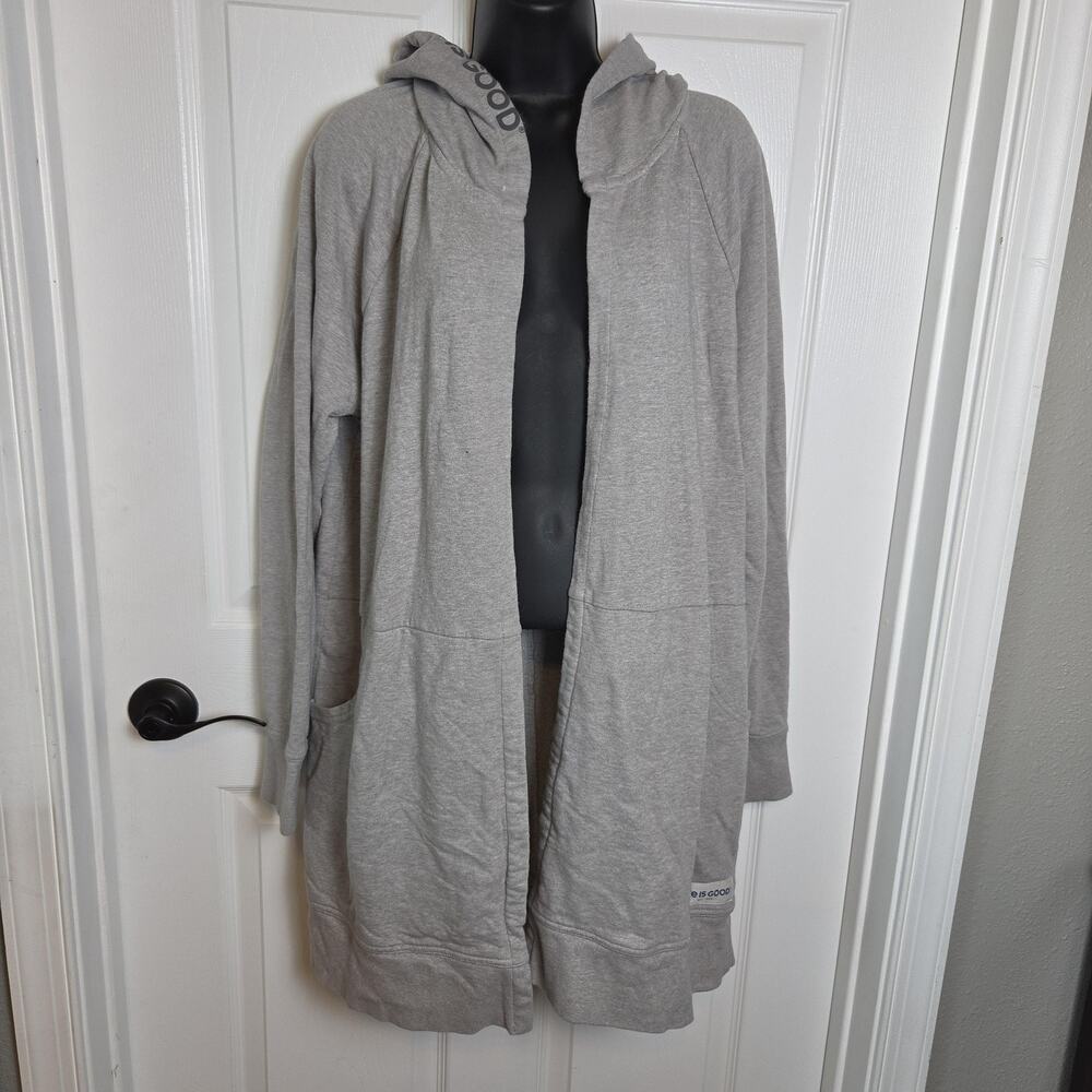 Life Is Good Cardigan Sweater Womens XL Gray Hooded Terry Open Front Pockets